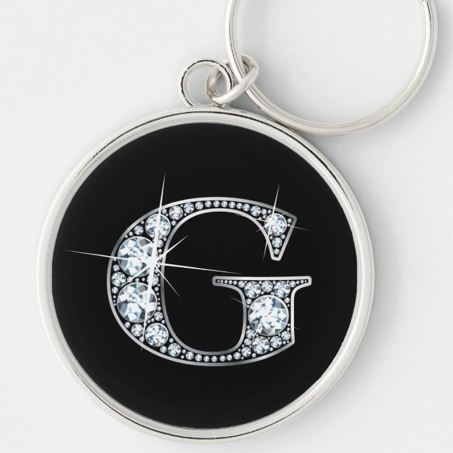 "G" Diamond Bling Keychain Rund Silverfärgad Nyckelring (Framsidan)