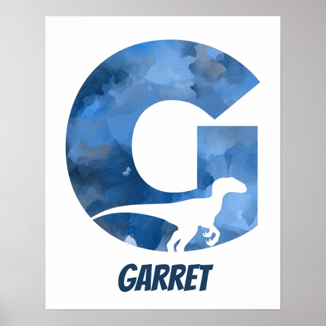 "G" Dinosaur Watercolor Blue Child's Namn Poster (Framsidan)