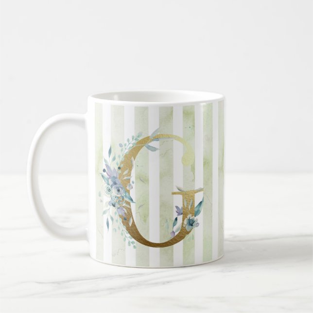 G gyllene inledning på blå och vit rand kaffemugg (Vänster)