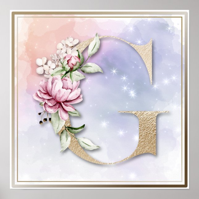 G Monogram Burgunder Blommig Affisch (Framsidan)