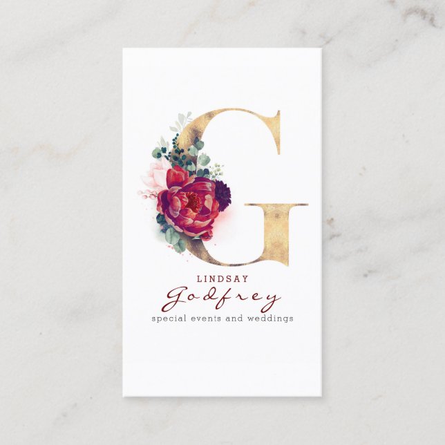 G Monogram Burgundy Red Flowers och Faux Guld Visitkort (Framsida)