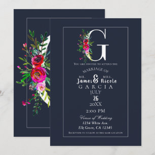 G Monogram Sistvarande Initial Modern Blå Blommig  Inbjudningar