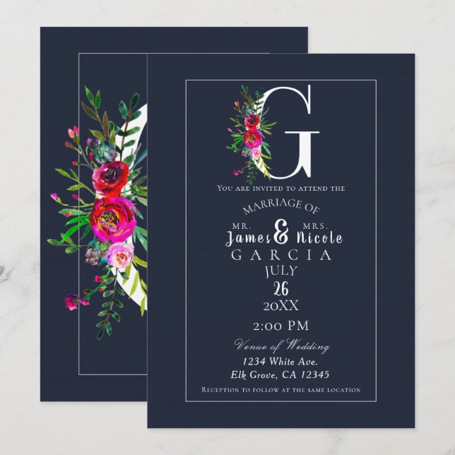 G Monogram Sistvarande Initial Modern Blå Blommig  Inbjudningar (Fram/baksida)