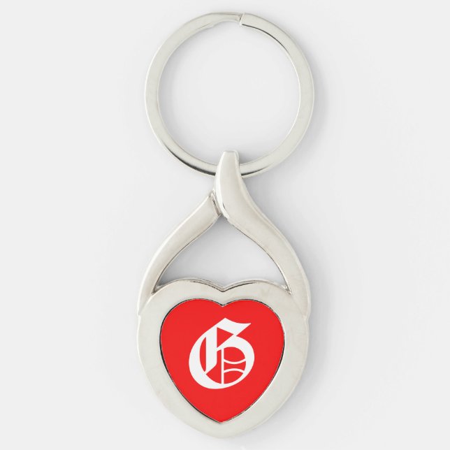"G" Red Heart Keychain Twisted Heart Silverfärgad Nyckelring (Framsidan)