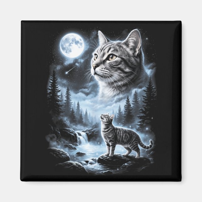 G Tabby Katt Ylar Mot Månen 90s Retro Magnet (Framsidan)