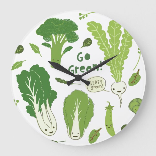 Gå grön! Lita Grönt! Lycklig Garden Veggies Stor Klocka (Framsida)