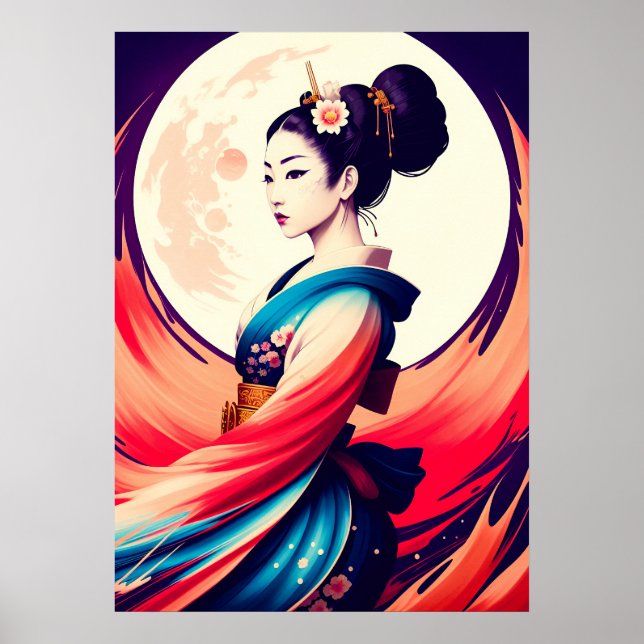 Gå in i den månskaliga japanska Geisha Poster (Framsidan)
