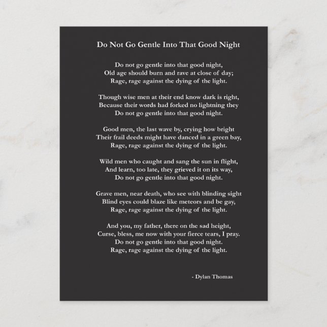 Gå inte Gentle dikt av Dylan Thomas Vykort (Framsida)