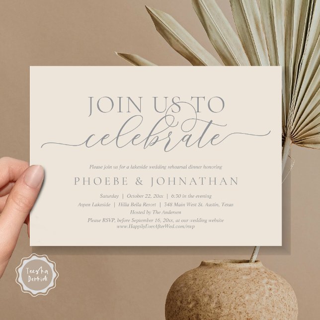 Gå med oss fira, Bröllop-repetitionsmiddag Inbjudningar (Join Us To Celebrate, Romantic Wedding Rehearsal Dinner Invitation Card, PDF, in Grey and Cream)
