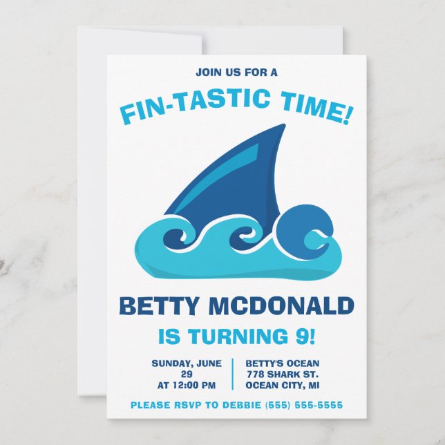 Gå med oss för en Fin-Tastic Time! Shark Birthday Inbjudningar (Framsida)