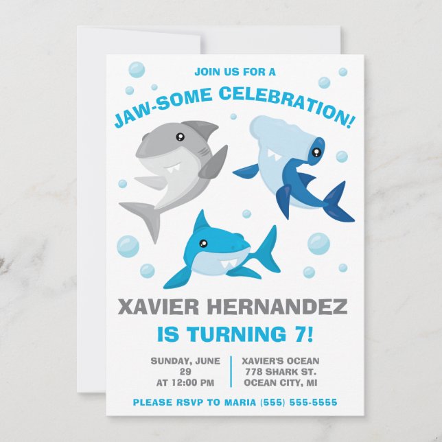 Gå med oss för en Jaw-some Firande! Shark Birthday Inbjudningar (Framsida)