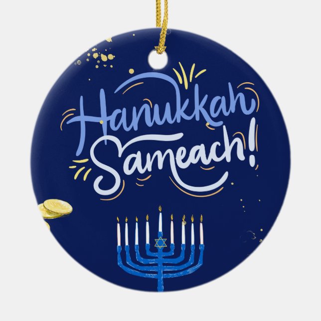 Gå med oss för ett Joyous Hanukkah Firande!" Julgransprydnad Keramik (Framsidan)