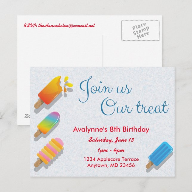 Gå med oss vår behandling Popsicle vykort inbjudan (Fram/baksida)