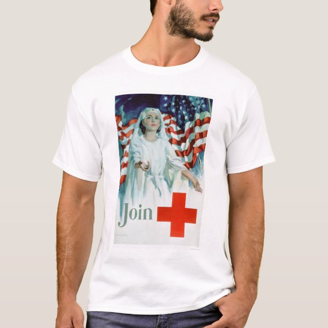 Gå med Röda koret - amerikanska flaggan (US00310) Tee Shirt (Framsida)