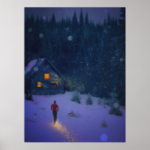Gå mot en stuga på vintern skogen poster