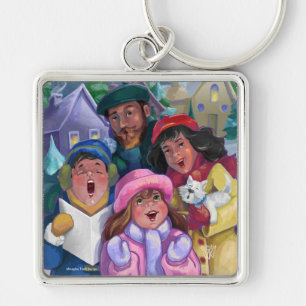 Gå till en Caroling Illustration Fyrkantig Silverfärgad Nyckelring