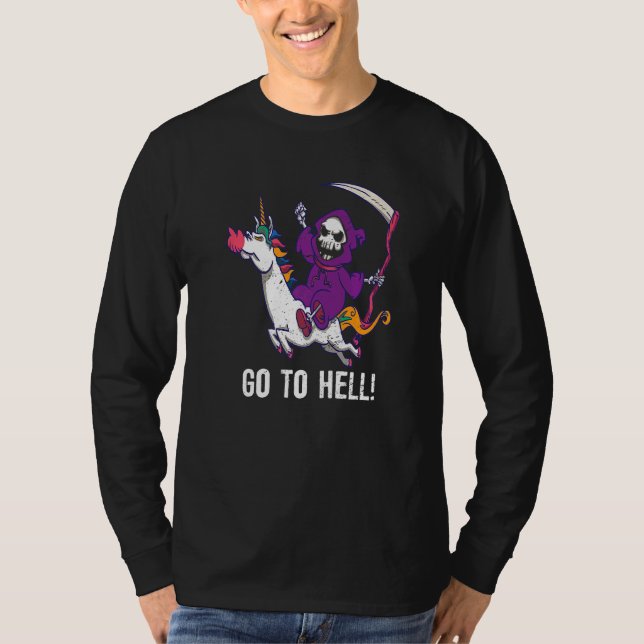 Gå till helvetet Spooky Grim Reaper Riding a Unico T Shirt (Framsida)