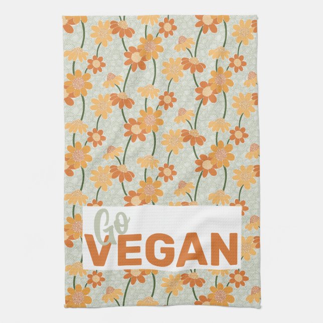 Gå till vegan! Söt återmuterade blommor från 1970- Kökshandduk (Vertikal)