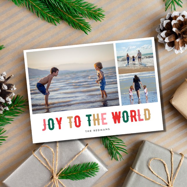Gå till World Photo Collage Helgdag Card Julkort (Joy to the World Photo Collage Christmas Holiday Card)