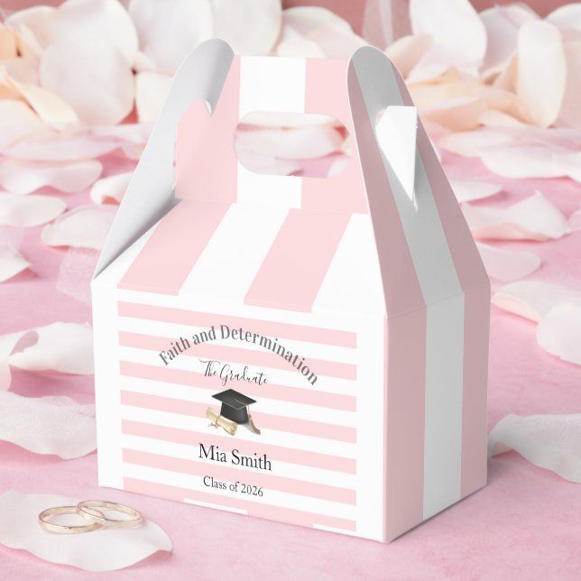 Gable Favor Box Pink Stripe Graduate 2026 Presentaskar (Bröllop)
