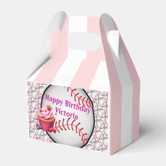 Gable Favor Box Randig Rosa och Vit Baseboll Presentaskar (Framsidan Sidan)