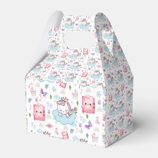 Gable Favor Box Rosa Blå Enhörning Regnbåge Katt  Presentaskar (Framsidan Sidan)