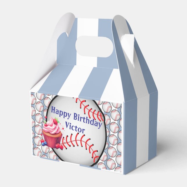 Gable Favor Box Stripe Blå och Vit Baseboll Presentaskar (Framsidan Sidan)