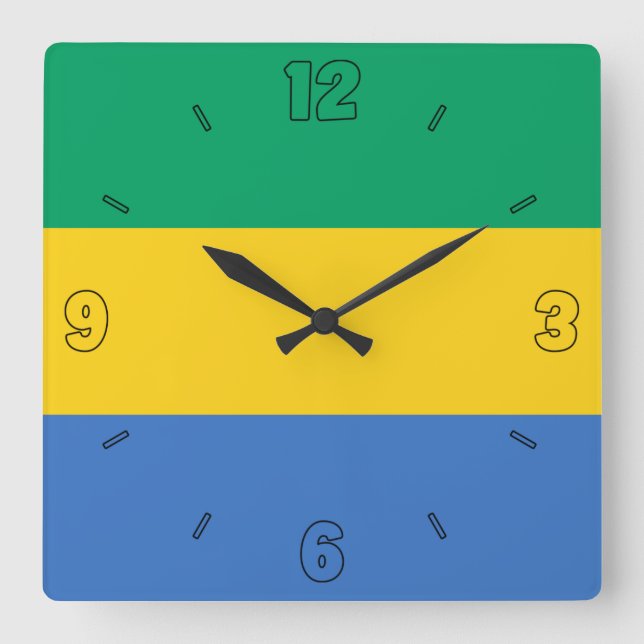 Gabon Flagga Gult Blue Grönt Numbers Patriotic Fyrkantig Klocka (Framsida)