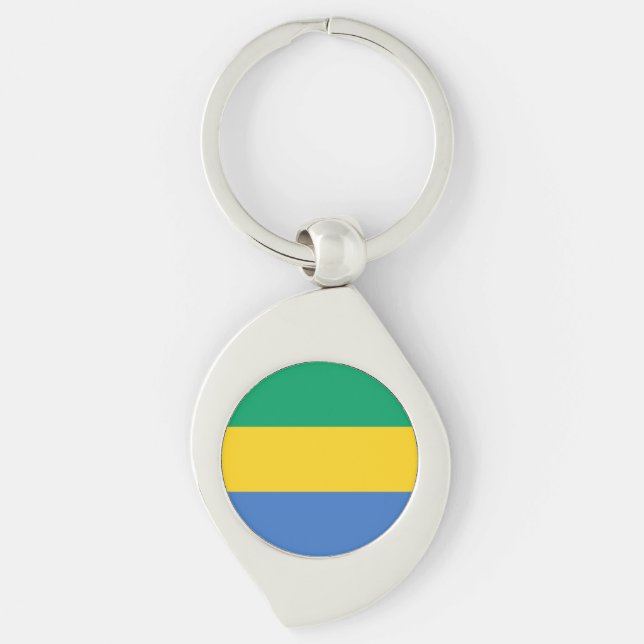 Gabon Flagga Swirl Silverfärgad Nyckelring (Framsidan)