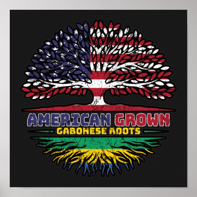 Gabon Gabonese American USA Träd Roots Flagga Poster (Framsidan)