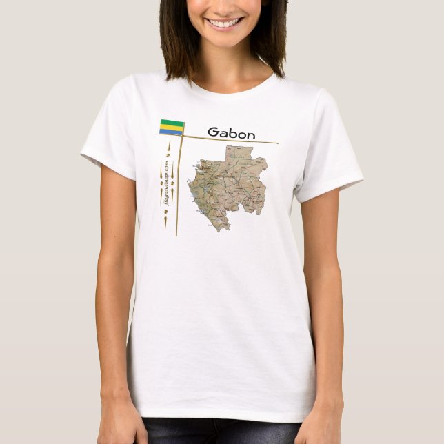 Gabon Karta + Flagga + avdelning T-Shirt (Framsida)