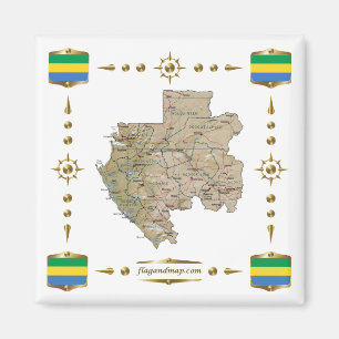 Gabon Karta + Flaggor Magnet