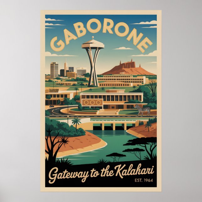 Gaborone Botswana Retro Resemålning Affisch Konst (Framsidan)
