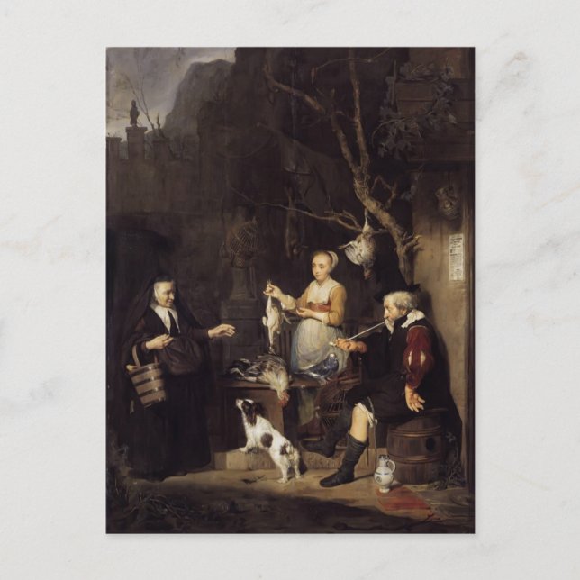 Gabriel Metsu- Fjäderfäkvinnan Vykort (Framsida)