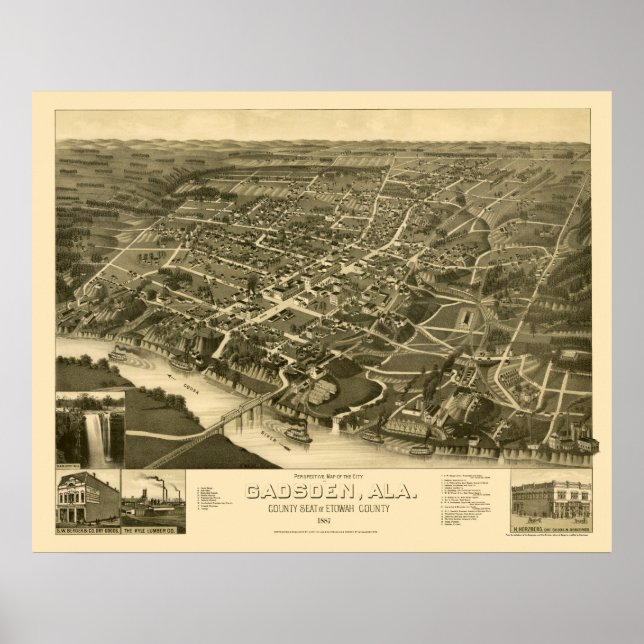 Gadsden, AL Panoramic Karta - 1887 Poster (Framsidan)