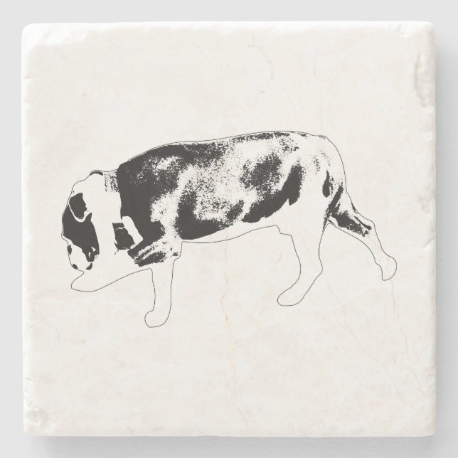 Gående Bulldog Silhuett med Texturerad Skuggning Stenunderlägg (Framsidan)