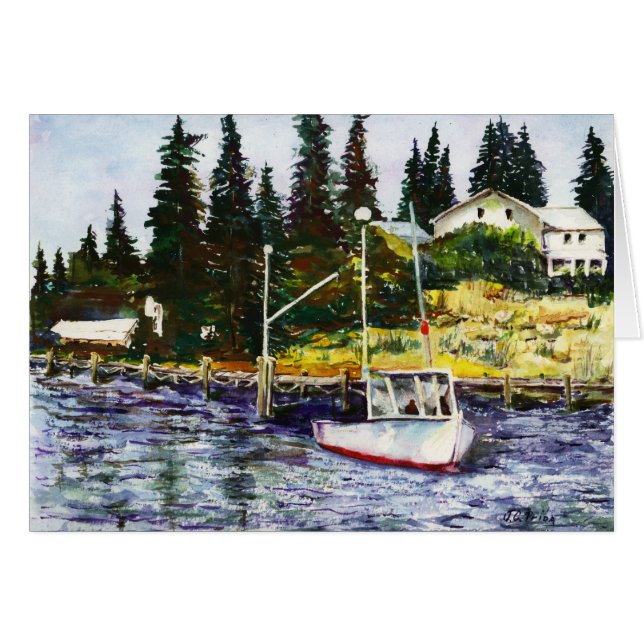 Gående fiska vattenfärgmålningsjölandskap OBS kort (Framsidan Horizontal)