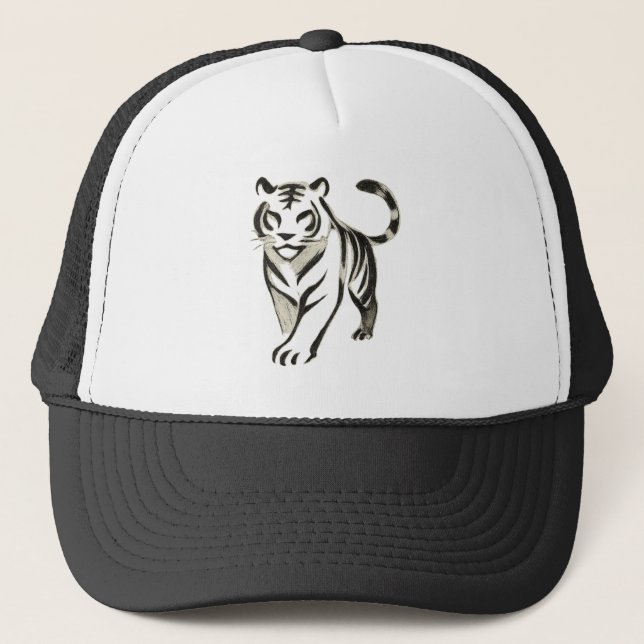 Gående Tiger Ritning - Bläckpenseldesign på  Keps (Framsida)