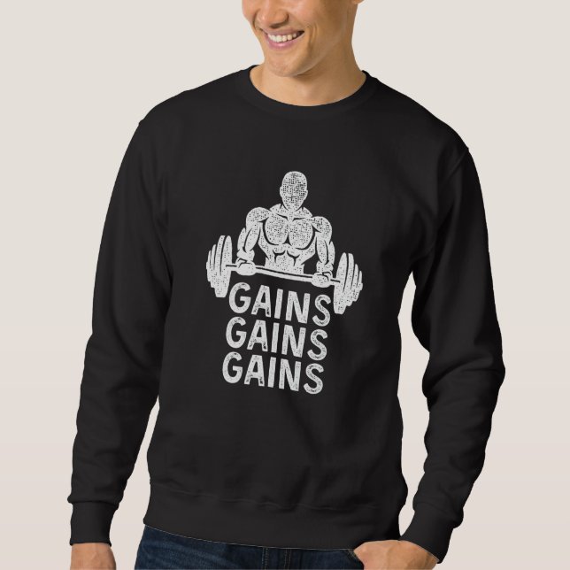 Gains Gym Råtta Gym Bro BodyBuilder Lång Ärmad Tröja (Framsida)