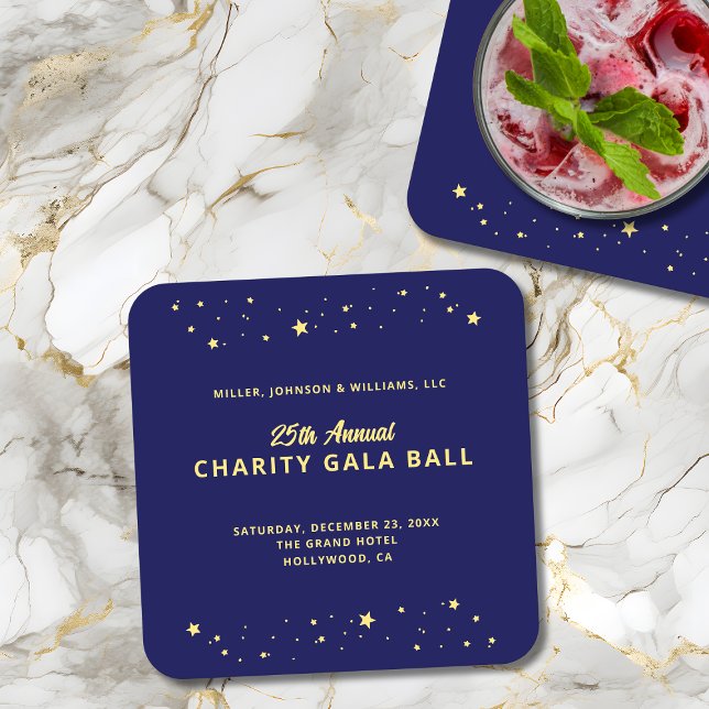 Gala Boll Silent Auction Elegant Blue Guld Stars Underlägg Papper Kvadrat (Annual Charity Gala Ball Silent Auction Fundraiser paper coaster in navy blue with gold stars.)