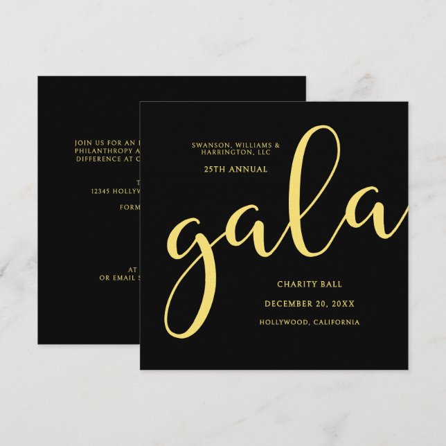 Gala Event Charity Fundraiser Elegant Black Gold Inbjudningar (Fram/baksida)