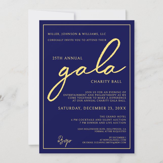 Gala Event Charity Fundraiser Elegant Blue Gold Inbjudningar (Framsida)