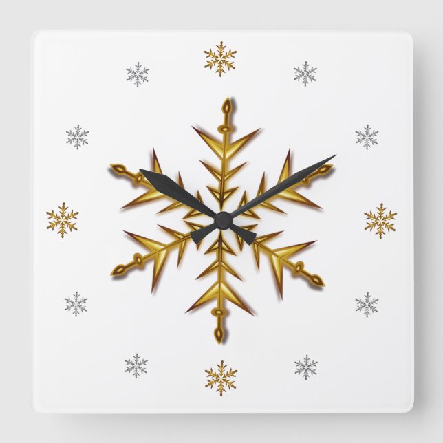 "Gala Snö": Guld & Silver # s, White Square Clock Fyrkantig Klocka (Framsida)