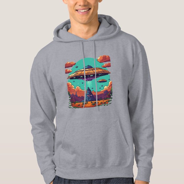 Galactic Duel: Old School UFO Pixel Masterp Hoodie (Framsida)