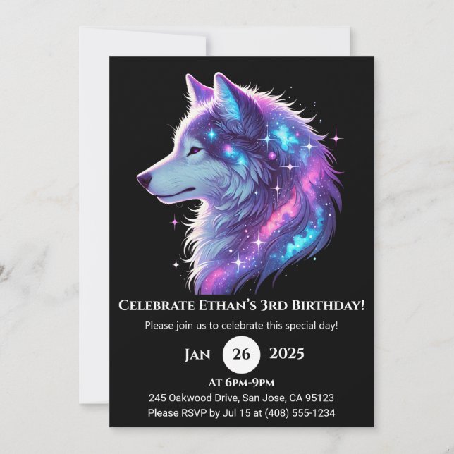 Galactic Glow Wolf Birthday Invitation Inbjudningar (Framsida)
