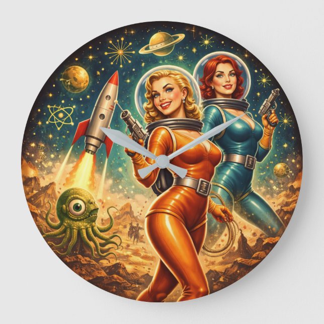Galactic Guardians Retro Space Girls Stor Klocka (Framsida)
