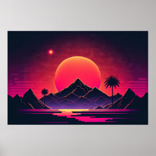 Galactic Vista: Neon Mountain Oasis Poster