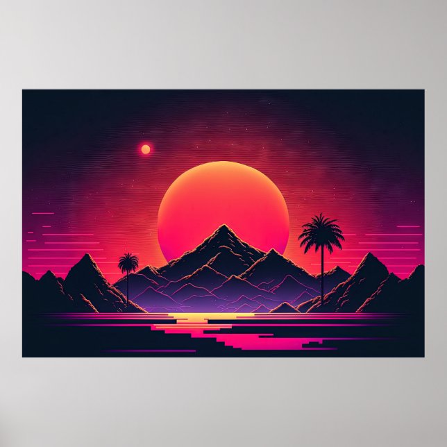 Galactic Vista: Neon Mountain Oasis Poster (Framsidan)