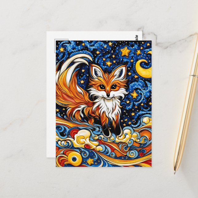 Galactice Red Fox Child like Art Art Vykort (Fram/Back In Situ)