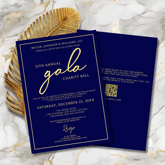 Galaevenemang Välgörenhetsgalan Elegant Blå Guld Inbjudningar (Gala Event Charity Fundraiser Elegant Navy Blue and Gold Invitation with Script Calligraphy, QR Code)